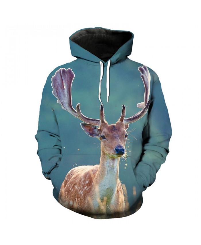 Sika deer print 3D hooded sweatshirt green casual pullover