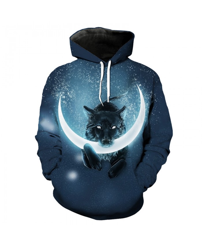 Star Moon Wolf Print Hooded Sweatshirt Fashion Men Women Casual Pullover Sportswear