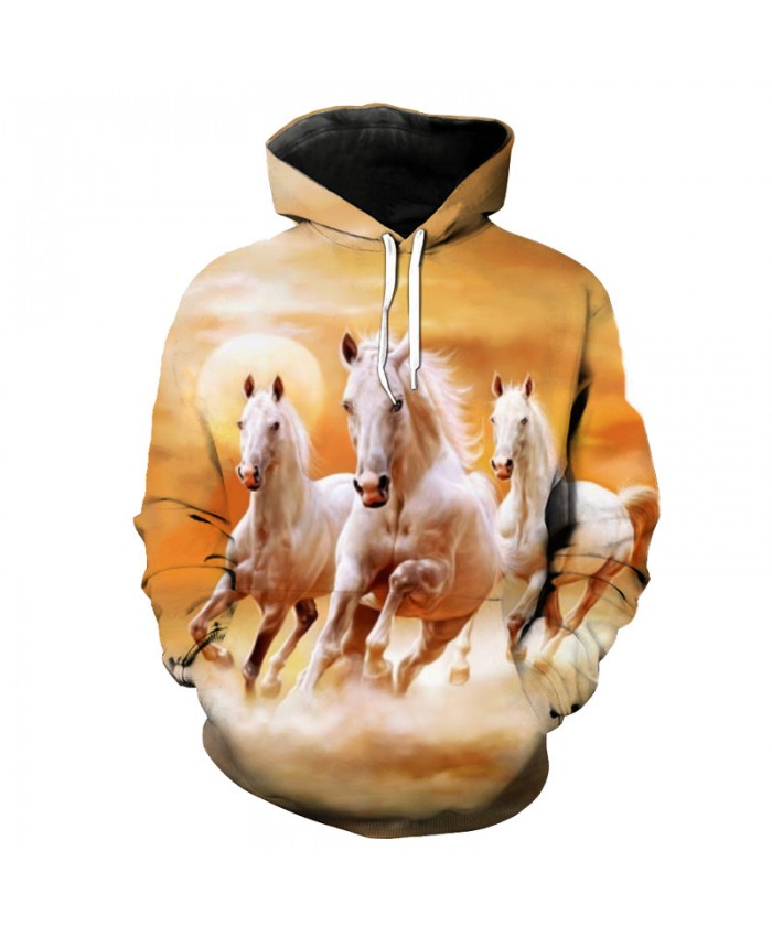 Three Galloping White Horses Yellow Hoodie Fashionable Horse Sweatshirts Casual Hoodie Autumn Tracksuit Pullover Hooded Sweatshirt