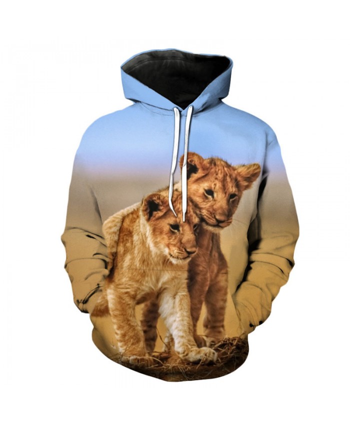 Two Small Lions Print Neutral Hooded Sweatshirt Casual Hoodie Autumn Tracksuit Pullover Hooded Sweatshirt