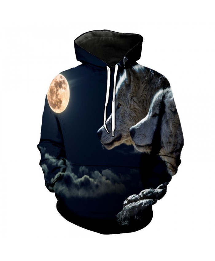 Two wolves under the moon Wolf Print Casual Hoodies Men Women Casual Pullover Sportswear