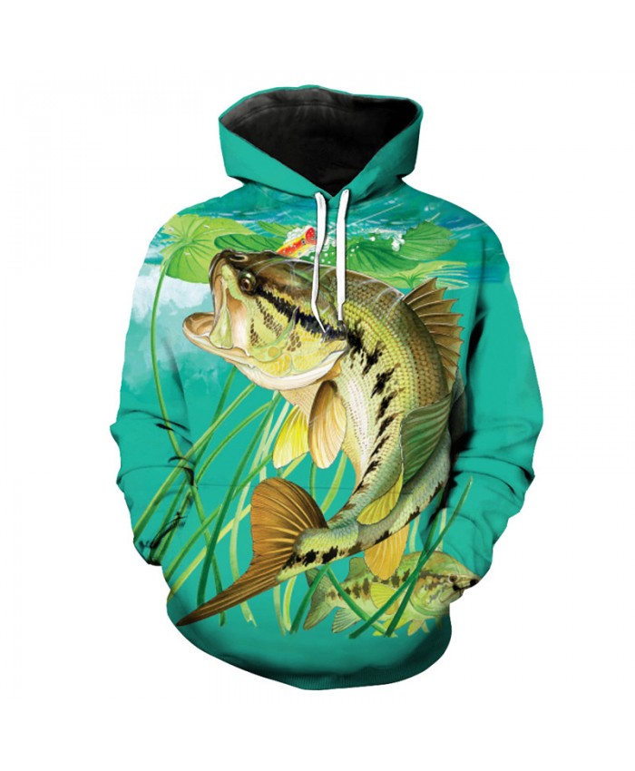 Water grass lotus leaf eat hook fish print fun hoodie green pullover Men Women Casual Pullover Sportswear
