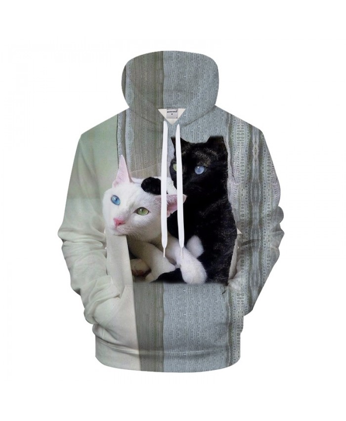 White Black Cats Prints Hoodie 3D Animal Unisex Hoody Sweatshirt 2021 Autumn Winter Cloth Mens Hoodies Drop Ship